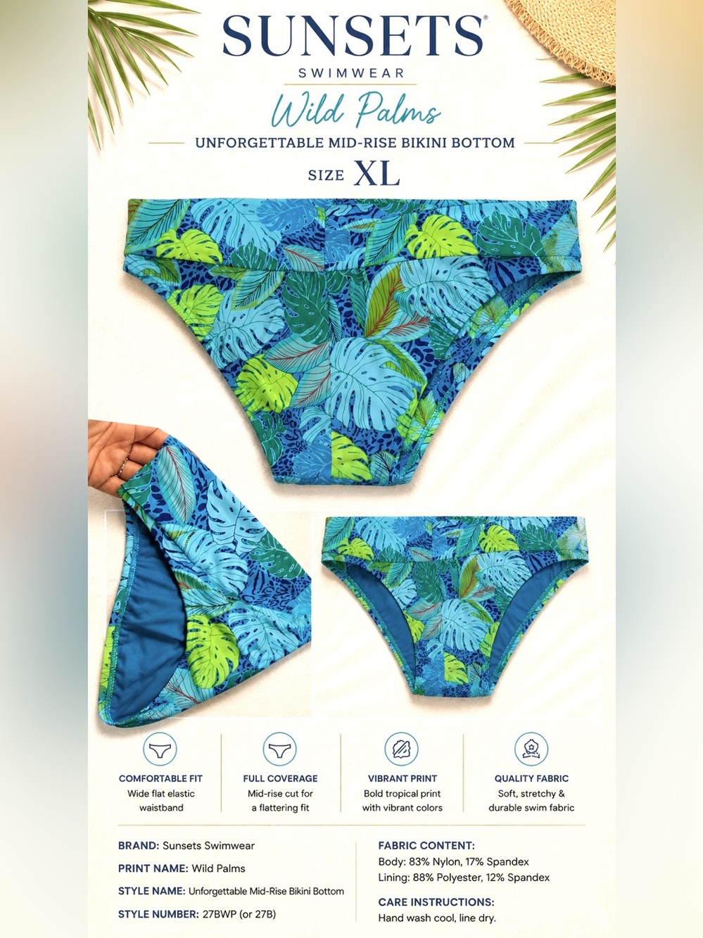 Sunsets Wild Palms Tropical Bikini Bottom Mid Rise XL Swimwear Separate